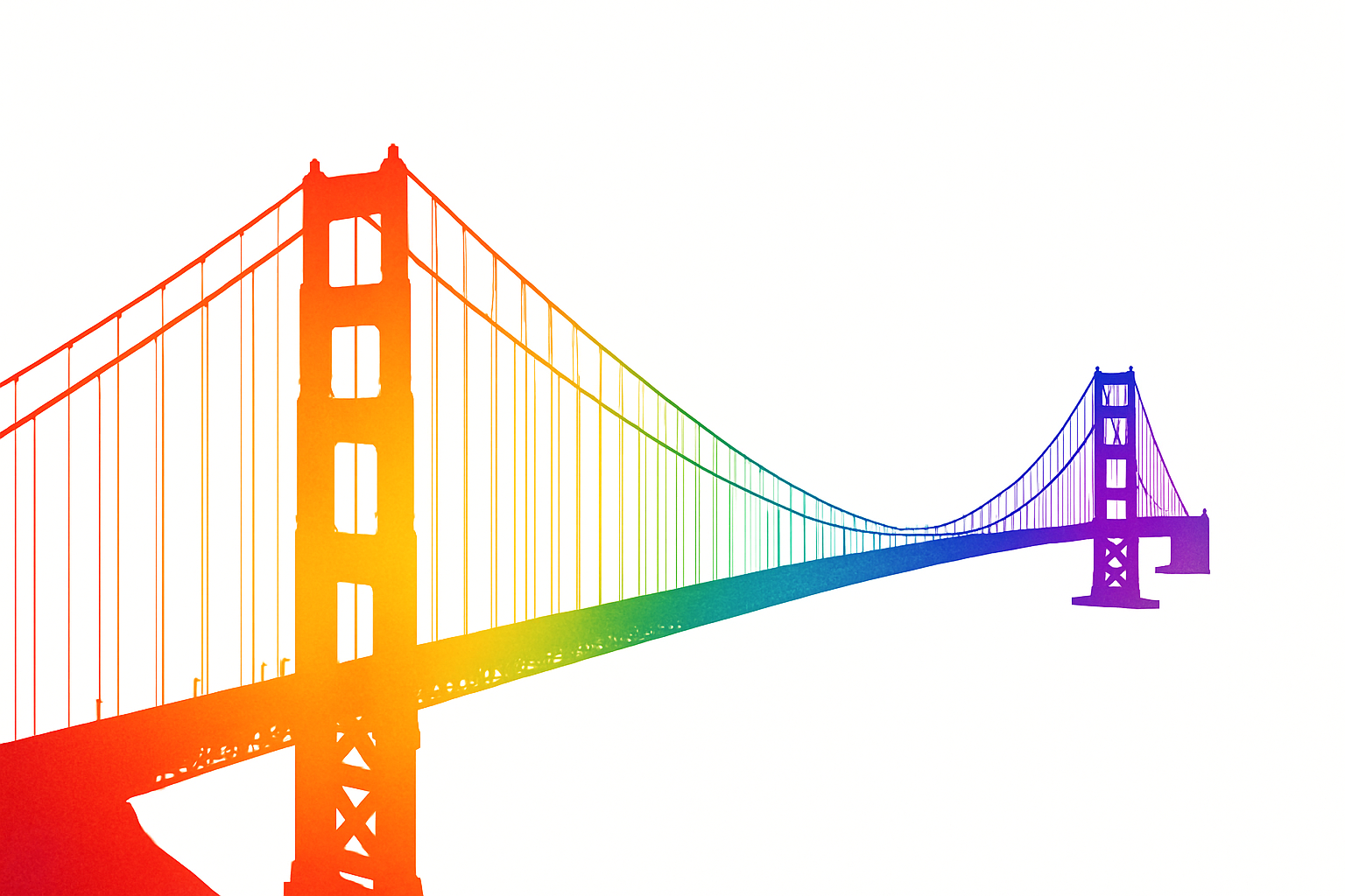 a sillhouette of the golden gate bridge that is all rainbow colored on a true white background